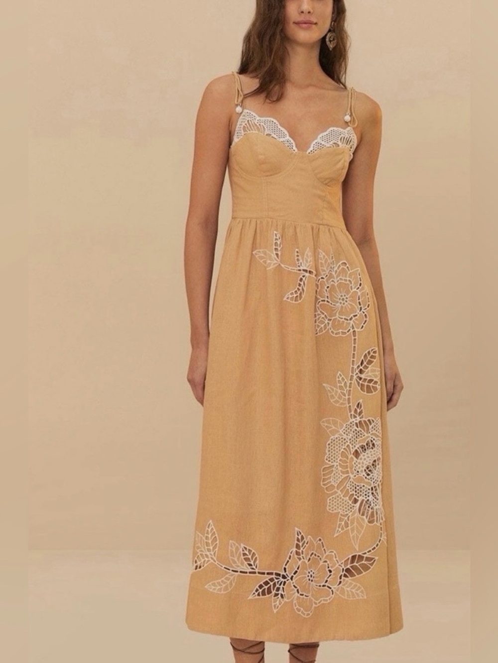 Caroline Constas 💛 Chic Mustard Line  Dress with White Lace Floral Applique